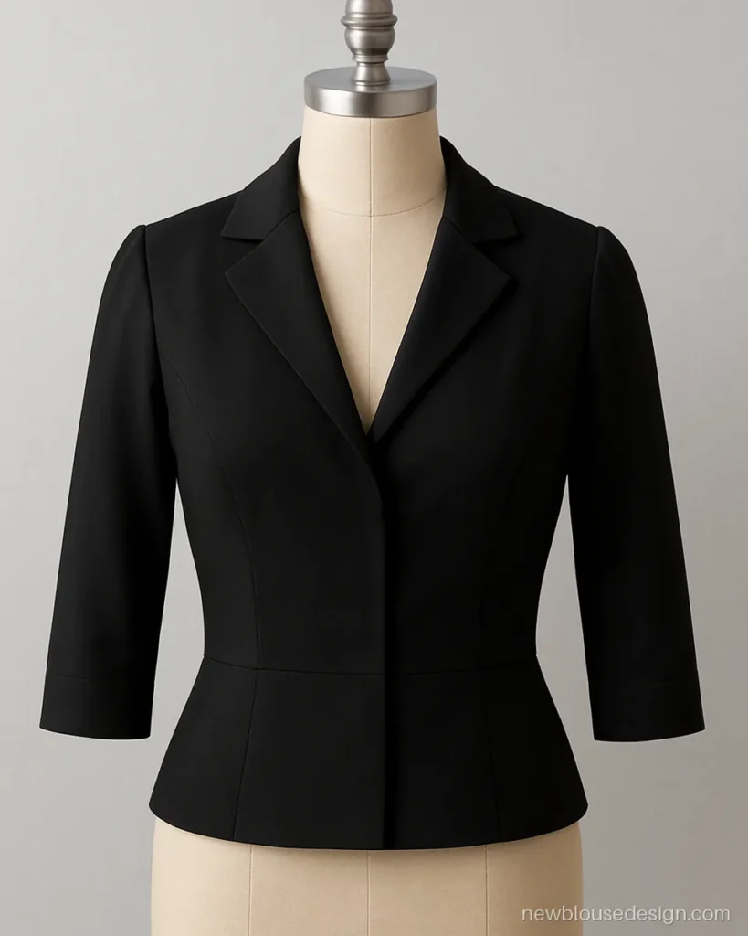 Black crepe blouse with notched lapel collar and V opening