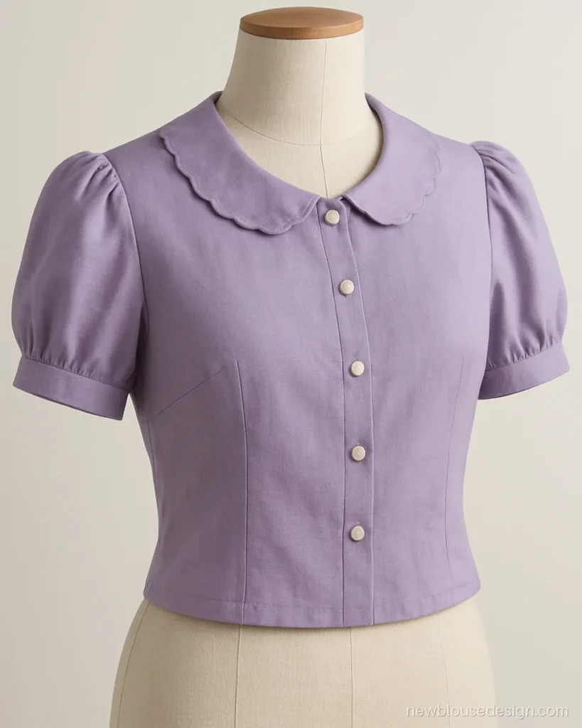 Lavender cotton silk blouse with scalloped round flat collar and pearl buttons