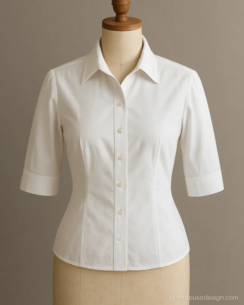White cotton blouse with pointed shirt collar and front button placket