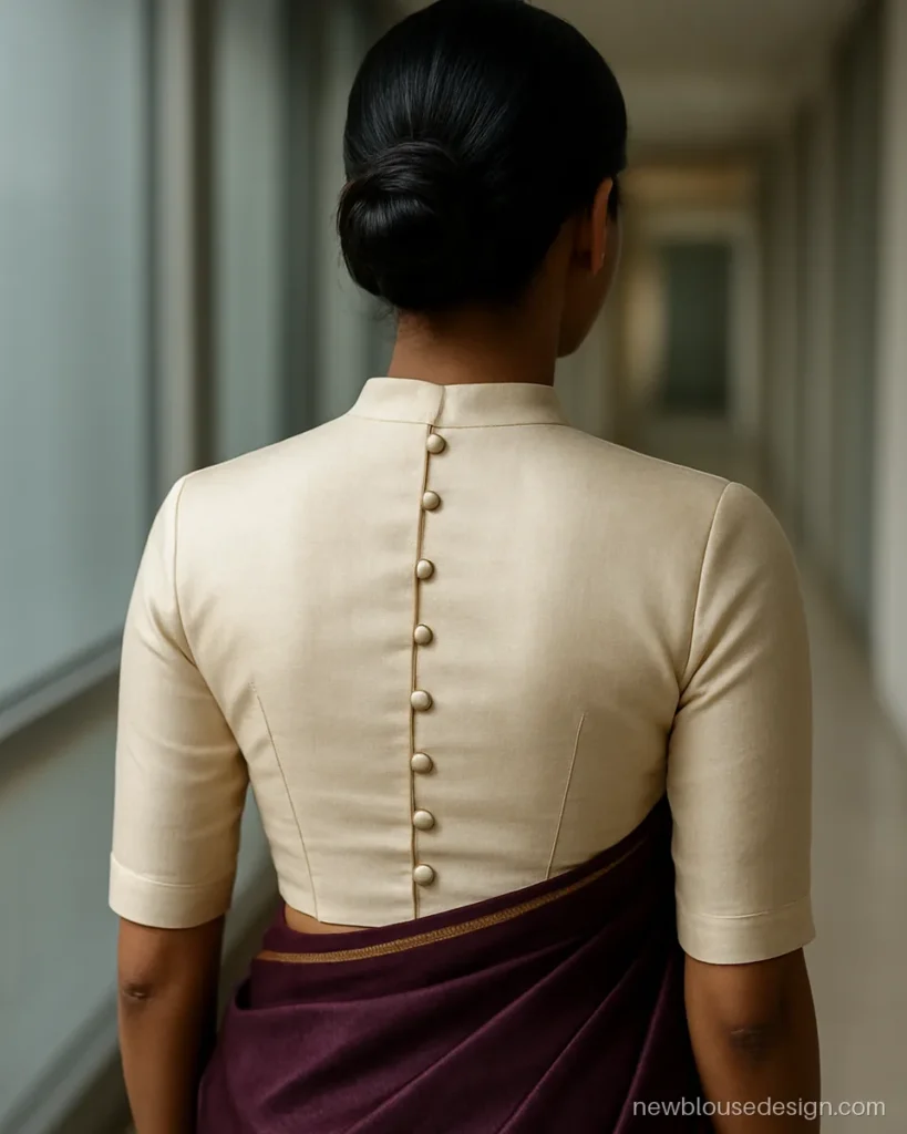 Cream silk blouse with closed back, small collar and covered button placket