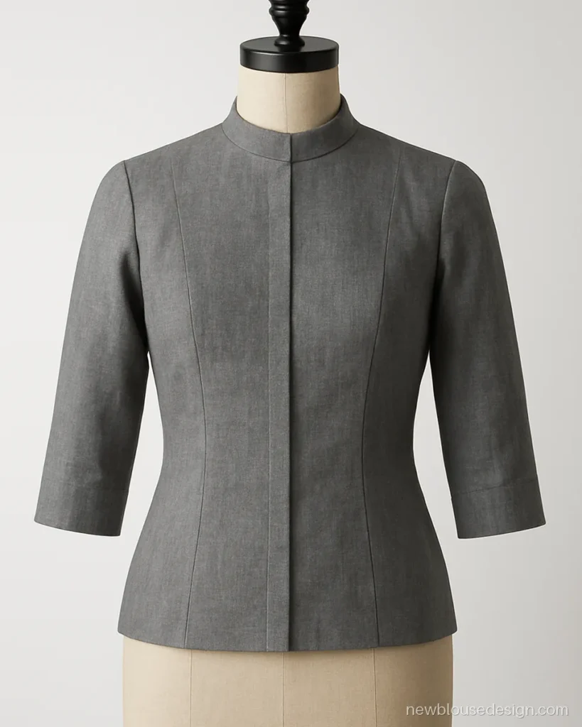 Grey linen band gala blouse with side opening and three quarter sleeves