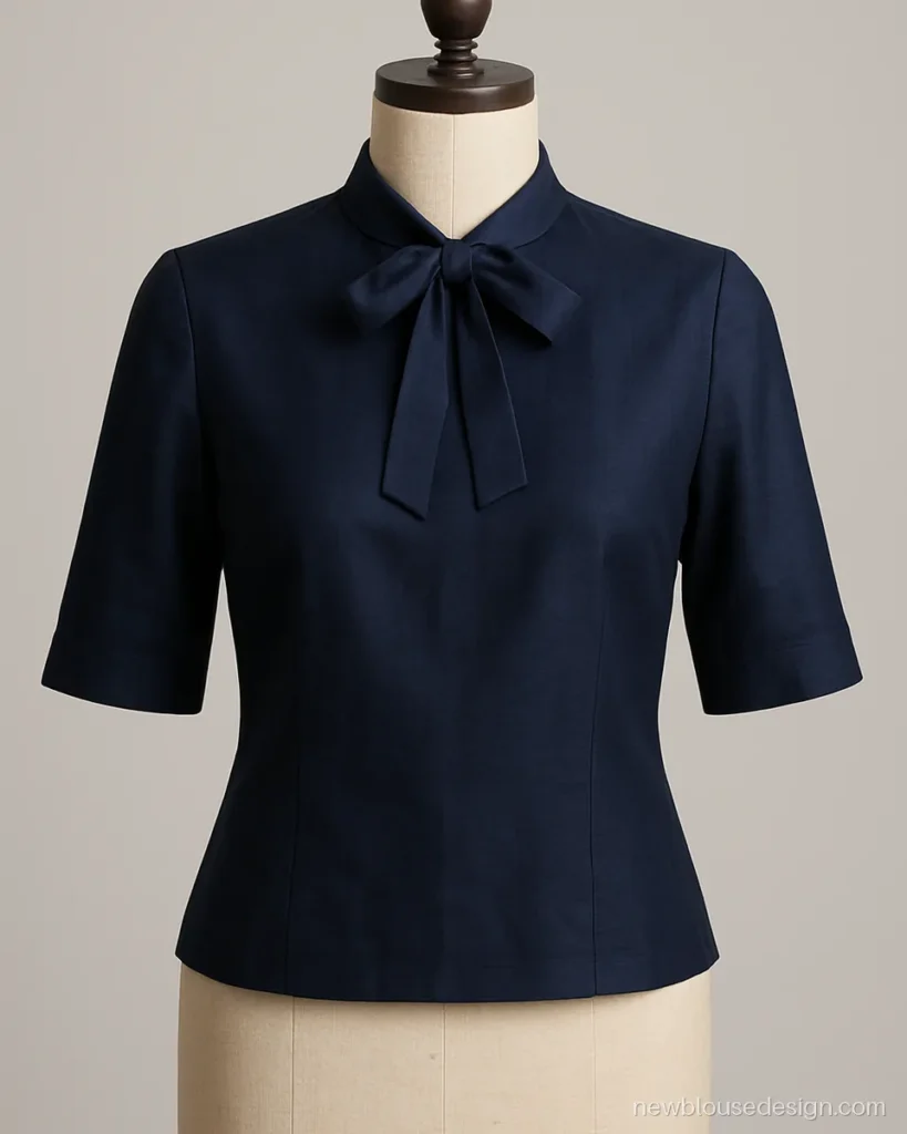 Navy cotton silk blouse with front collar ending in a soft bow tie