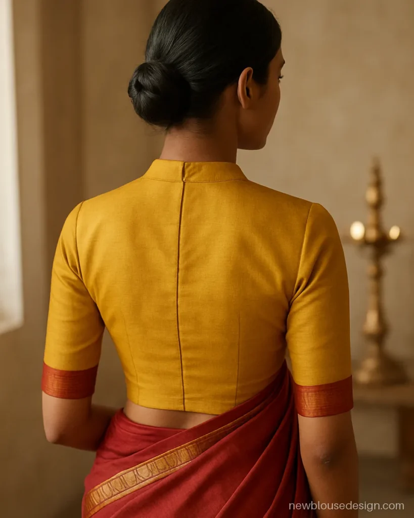 Back side full cover blouse design in mustard silk with pack neck and zip