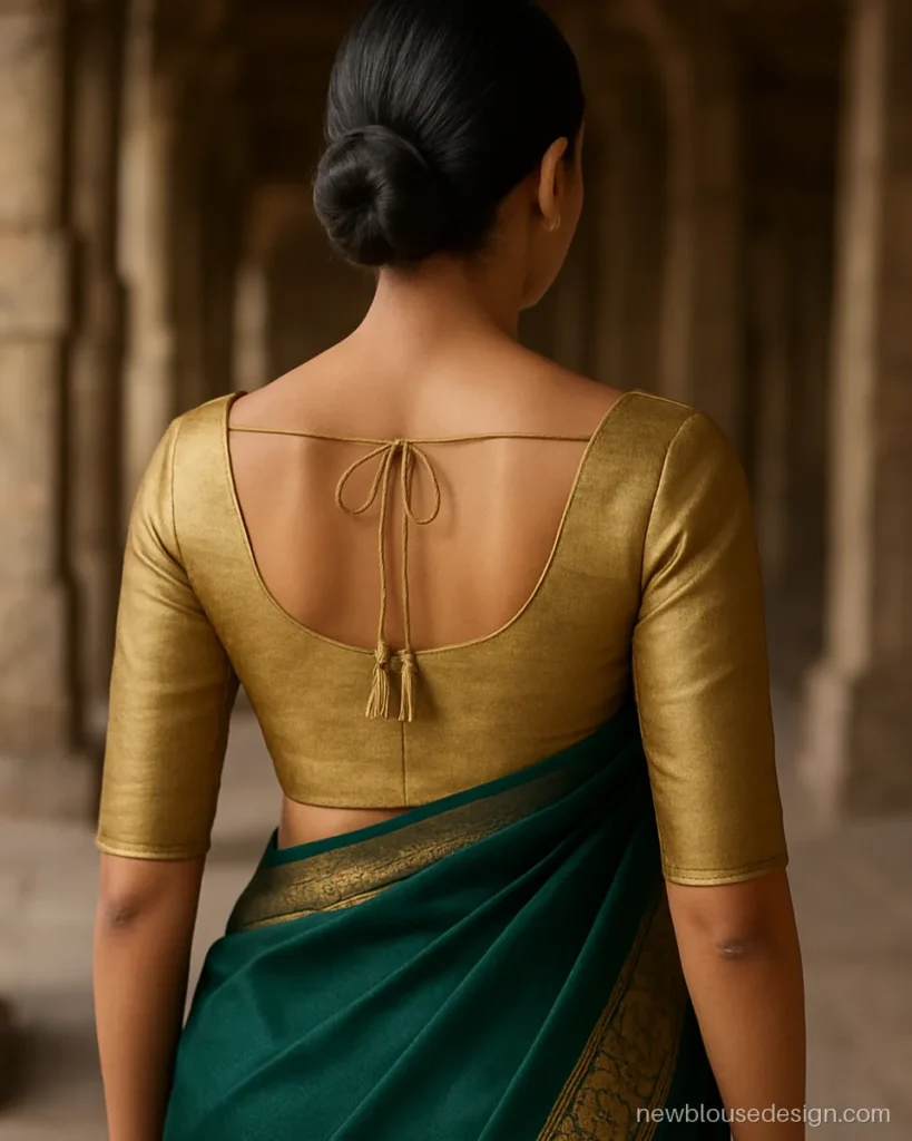 Gold tissue boat neck collar blouse back with low U and tassels
