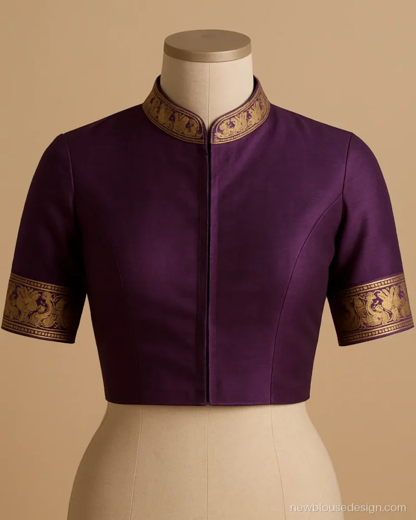 Purple silk blouse with stand collar cut from Paithani peacock border