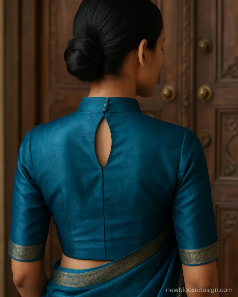 Stand collar blouse back design in peacock blue with keyhole and two buttons