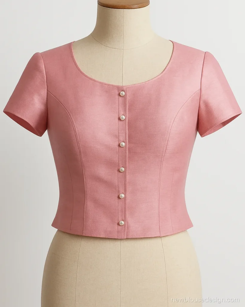 Baby pink princess cut blouse front with pearl buttons