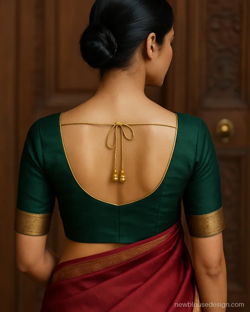 Modern green colour blouse design in bottle green with deep U back and gold piping