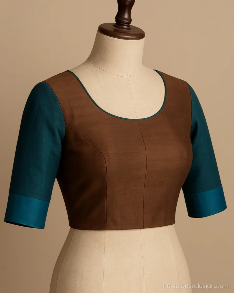 Brown blouse design with teal sleeves and teal piping