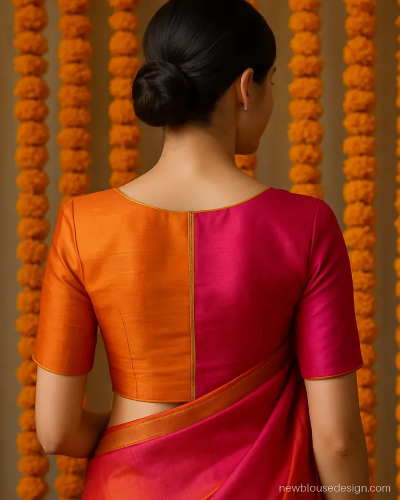 Fancy two colour blouse design with orange left and pink right back panels
