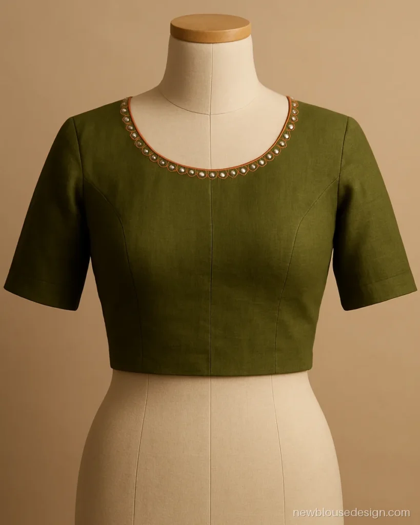 Mehndi green colour blouse design front view with small mirror work on the neckline