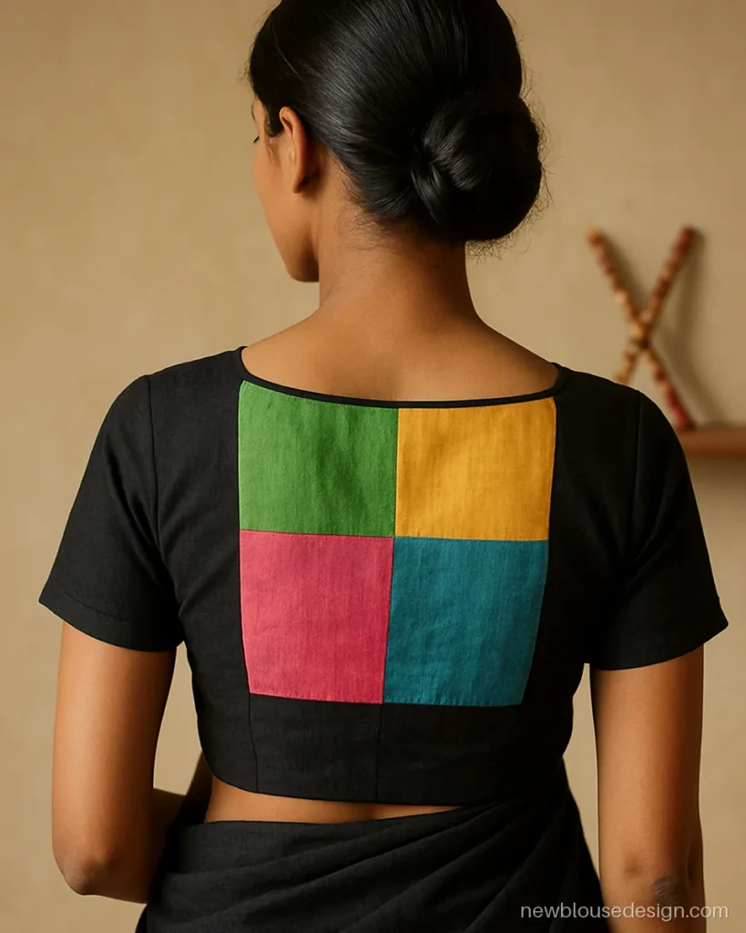 Multi colour blouse back with patchwork squares in green, yellow, pink and blue