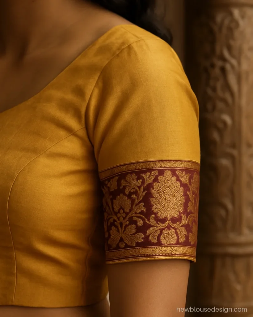 Mustard yellow blouse with brocade elbow sleeves in maroon and gold