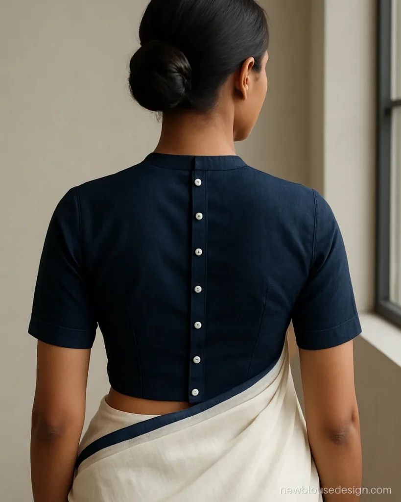 Simple navy blue blouse with closed back and white button line