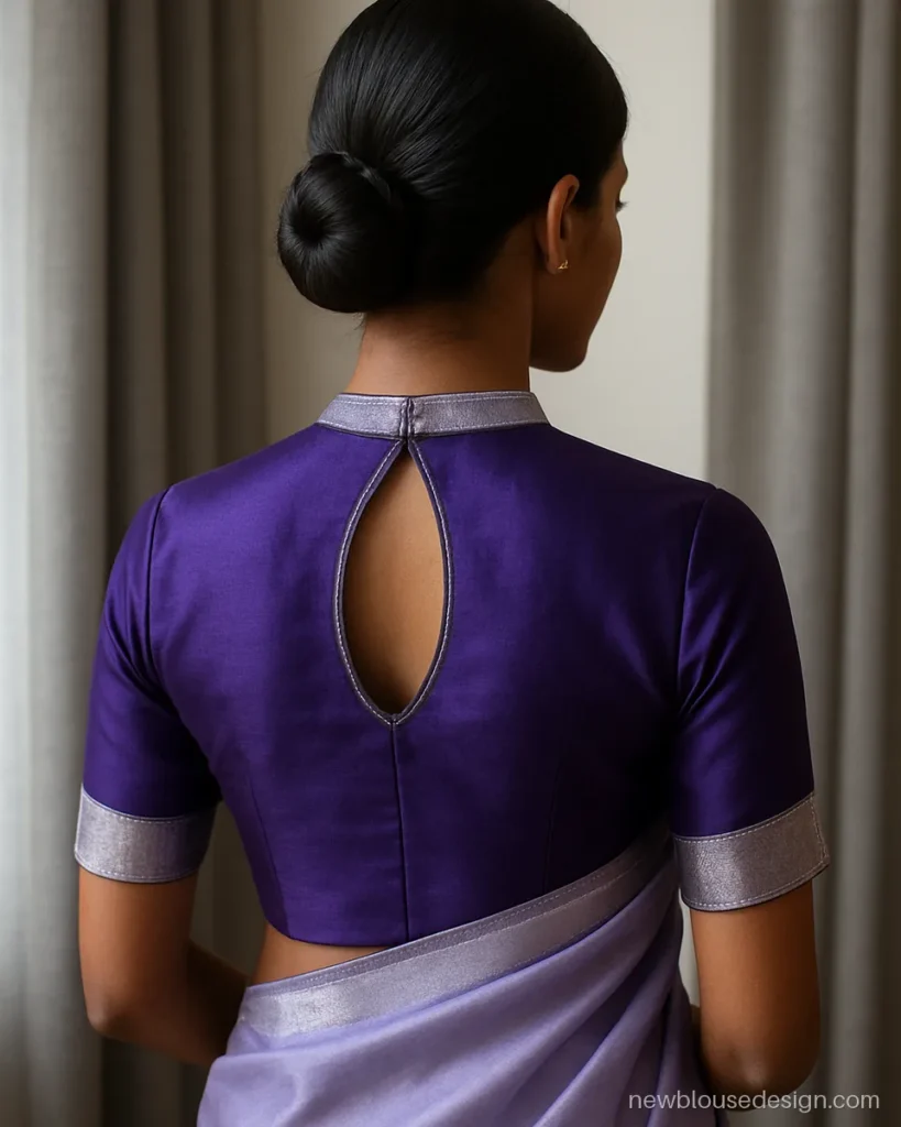 Purple blouse back design with a keyhole and silver zari border on lavender silk saree