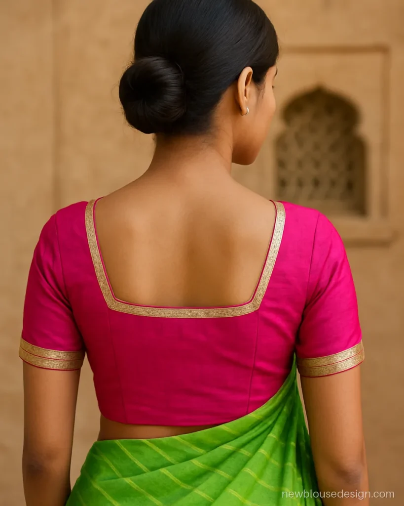 Pink colour blouse design in rani pink with square back neck and gota border