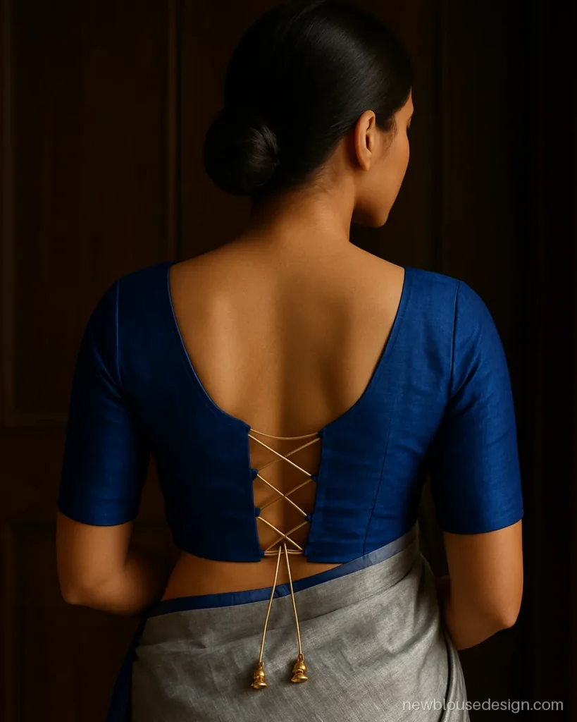 Back side blue blouse design in royal blue with criss-cross dori over a deep back