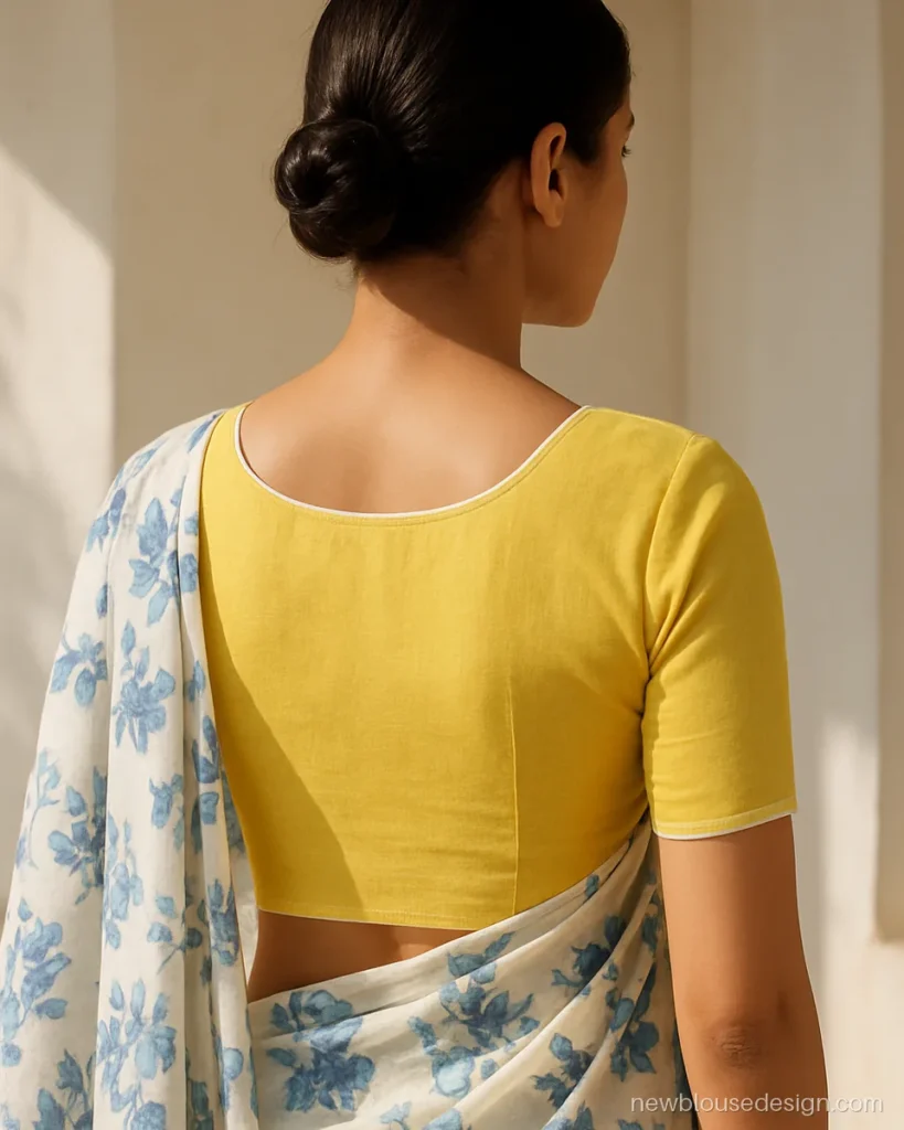 Simple yellow colour blouse design in cotton with round back and white piping