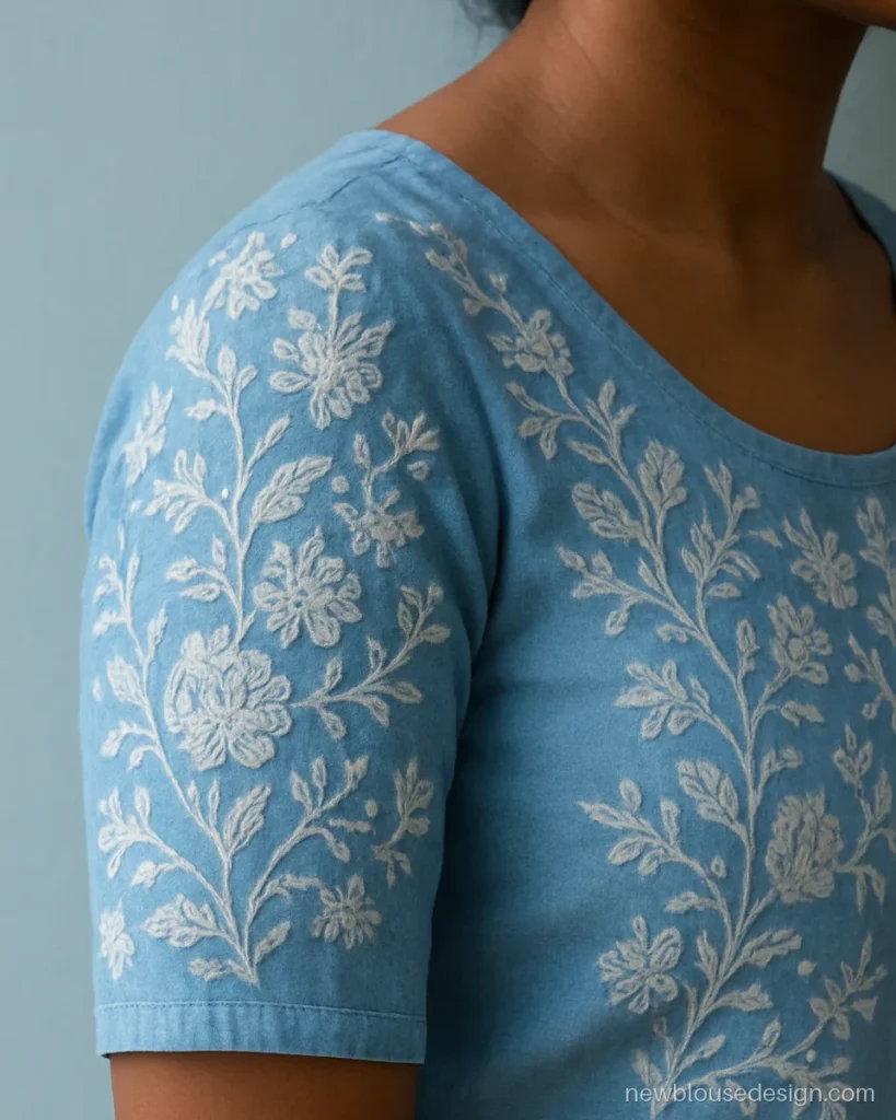 Sky blue blouse with white chikankari work on elbow sleeves