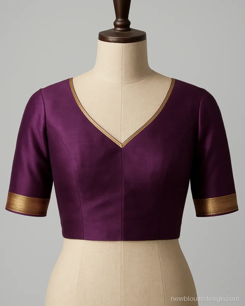 Violet colour blouse with V front neck and thin gold zari border