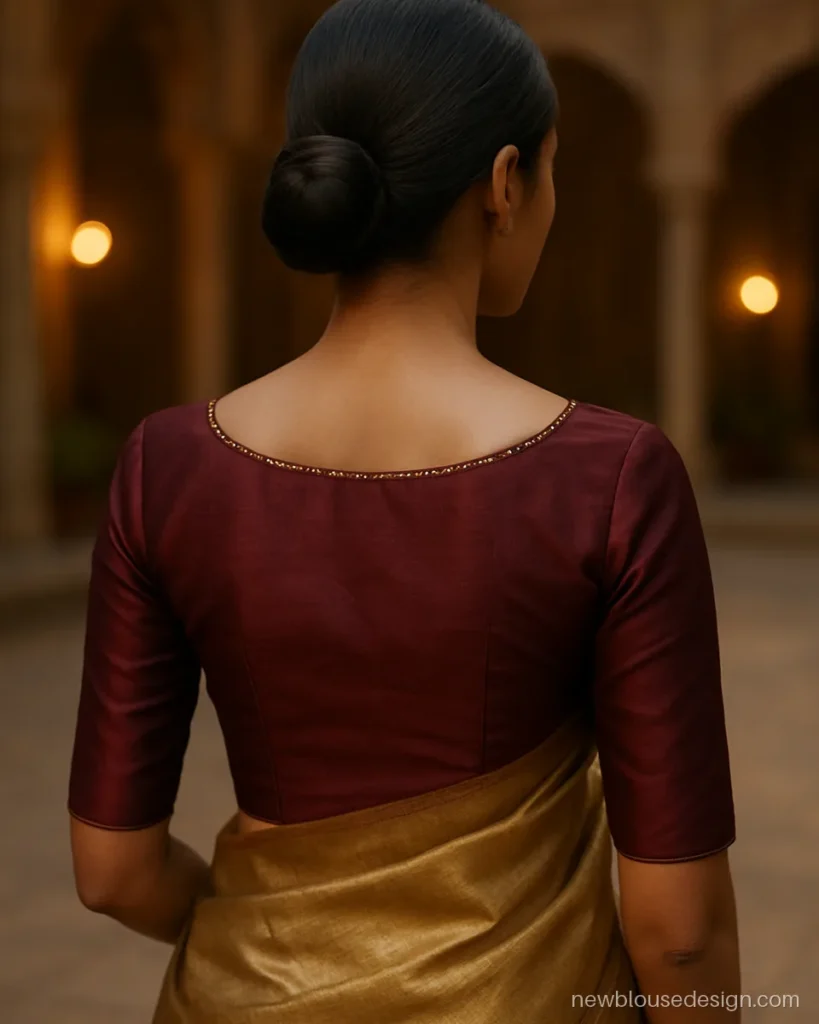 Wine colour blouse design with boat neck back and gold bead line