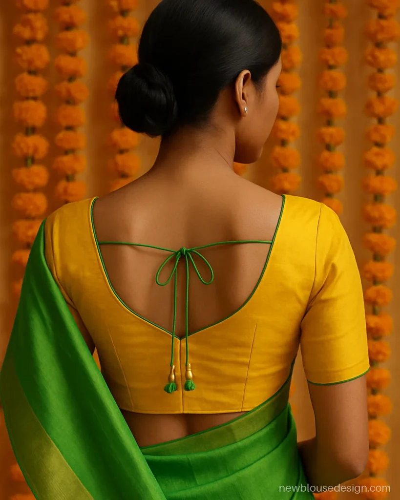 Back side yellow blouse design with sweetheart neck and green dori with latkans