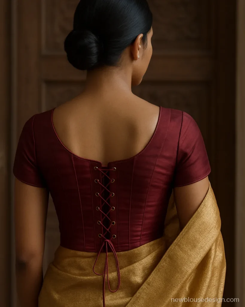 Corset blouse back design in wine silk with lace-up dori and boning