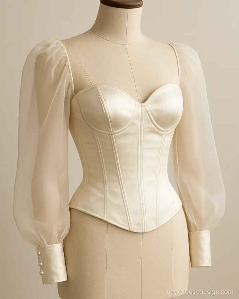 Ivory corset blouse design with sleeves in sheer organza and bustier front