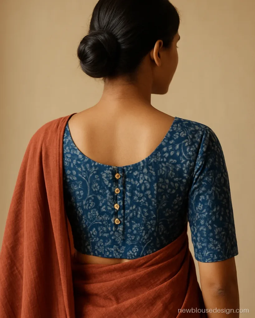 Indigo dabu print cotton blouse back design with U neck and potli buttons