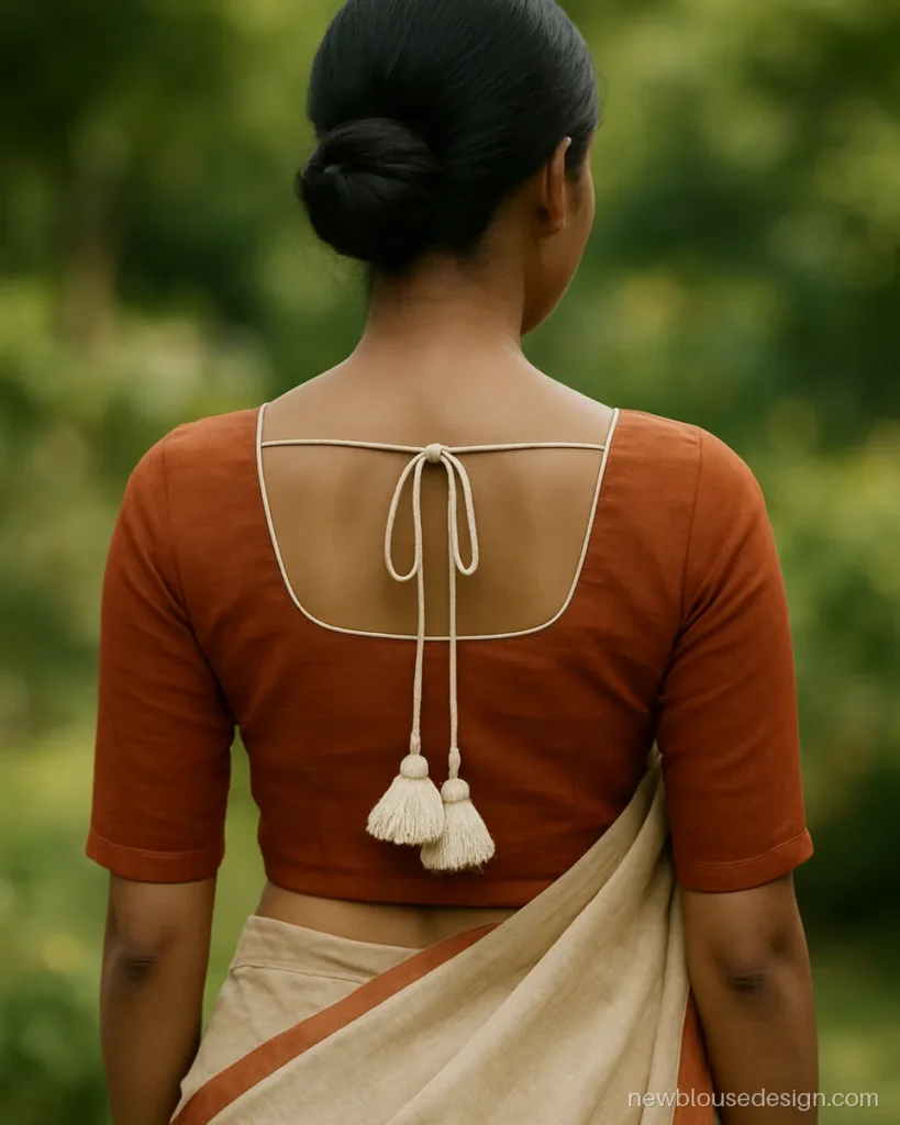 Rust orange cotton blouse with square back neck and a cotton tassel dori