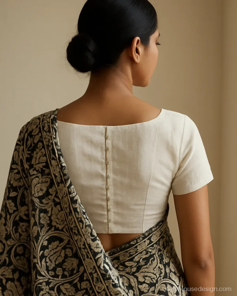 Simple cotton blouse back design in white with high boat neck and back hooks