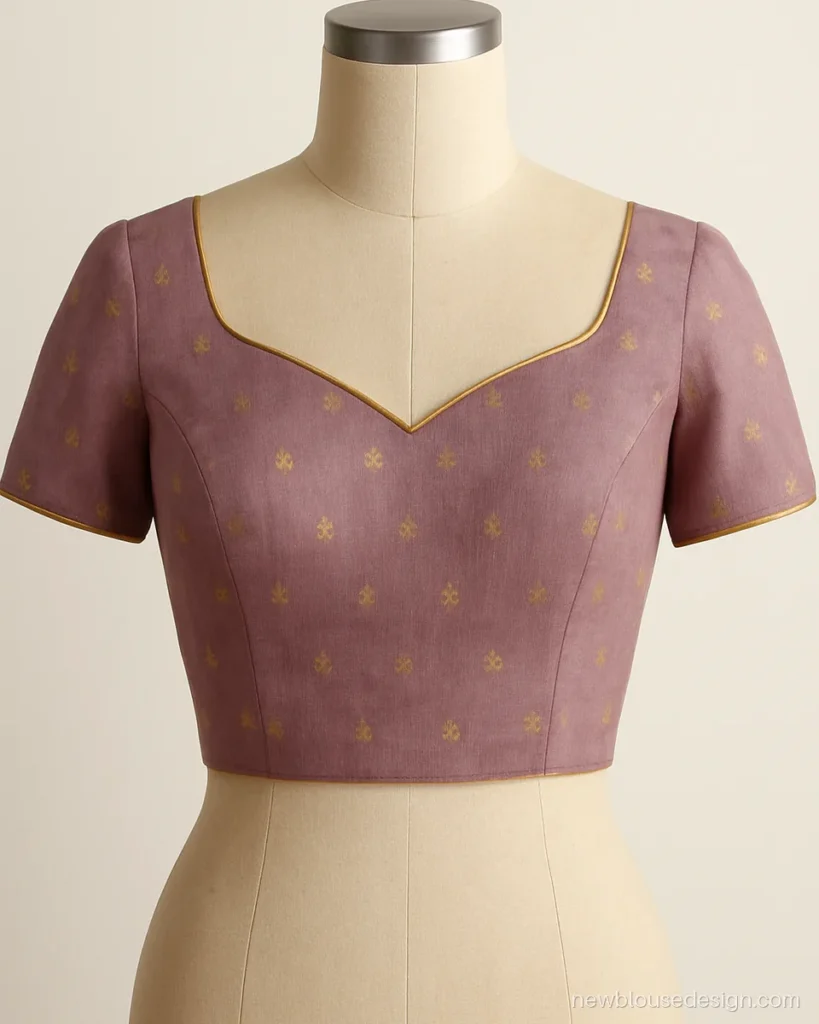 Lilac Chanderi blouse with gold butis and soft sweetheart front neck on dress form