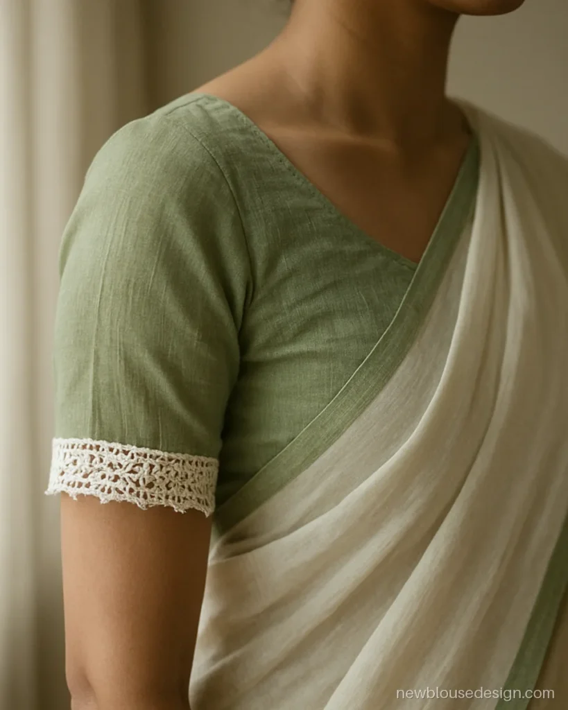 Pista green mulmul cotton blouse with round neck and white crochet lace on sleeves