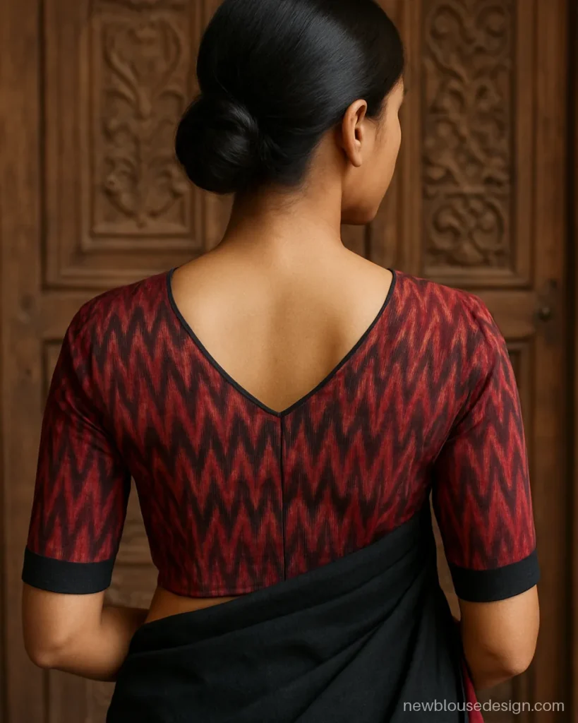 Red and black ikat handloom blouse back with V neck and contrast black piping