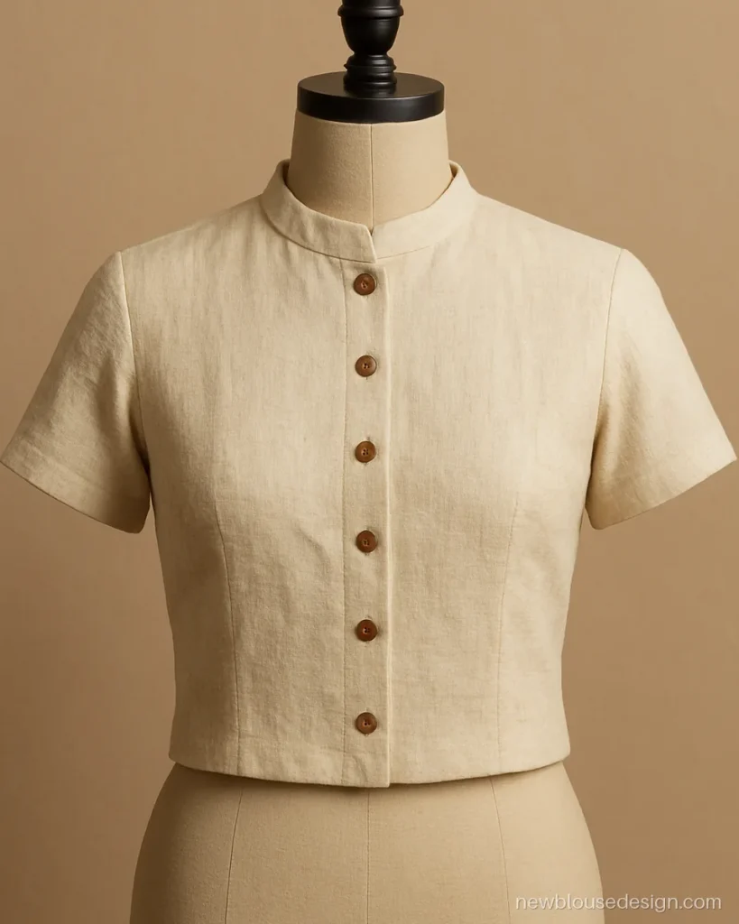 Off-white khadi blouse with band collar and wooden buttons on a dress form