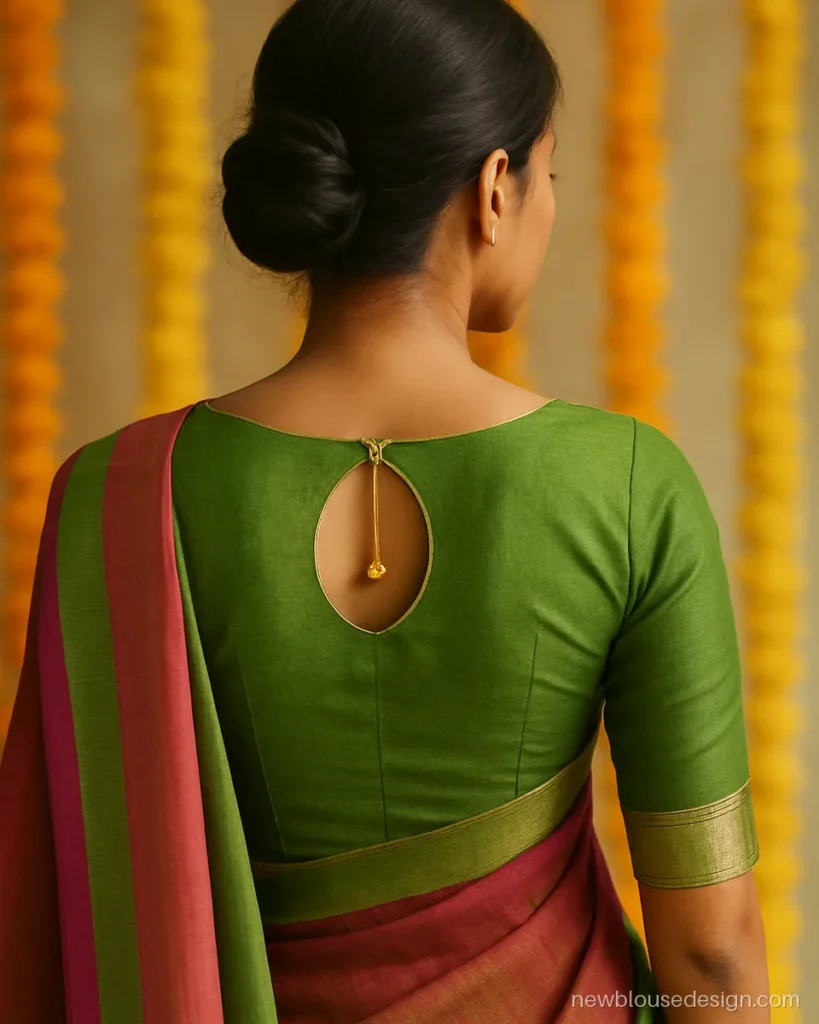 Green Maheshwari blouse back with keyhole and small zari latkans