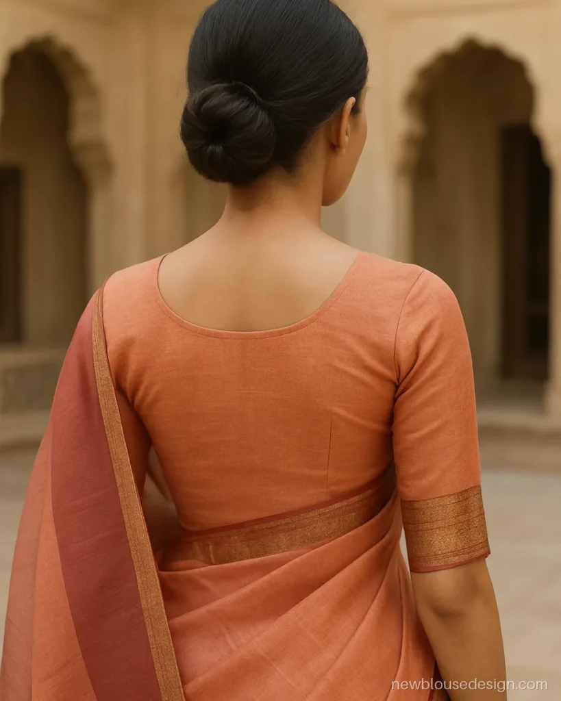 Maheshwari saree blouse design back in peach with zari border on the sleeves