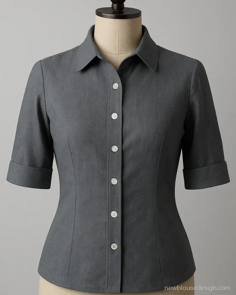 Grey cotton collar blouse with elbow sleeves and front buttons on a dress form