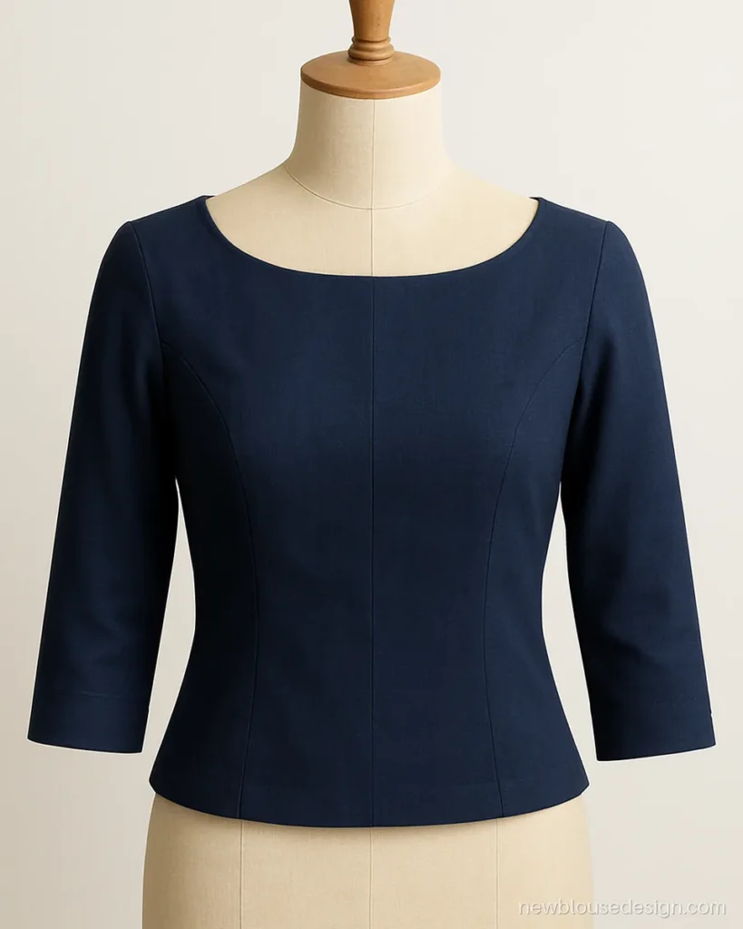 Navy cotton boat neck blouse with three-quarter sleeves for a trendy cotton saree