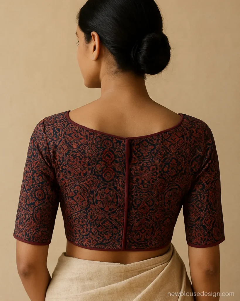 Ajrakh print cotton blouse back with boat neck and maroon piping