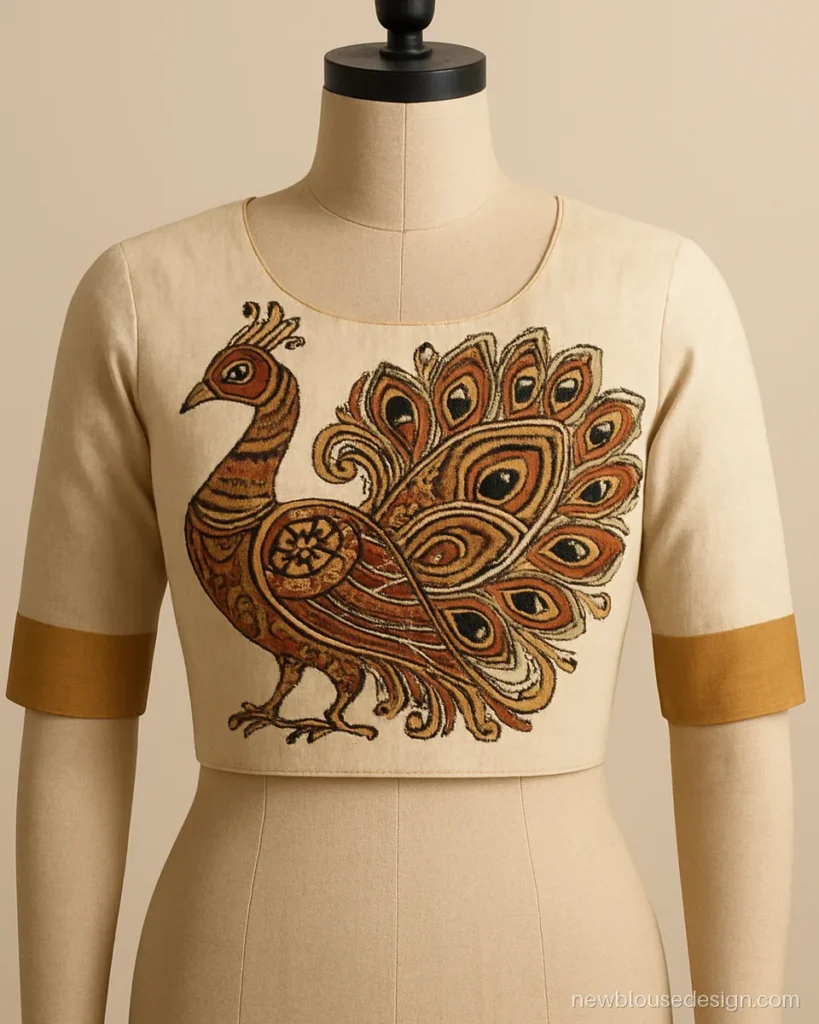 Cream Kalamkari cotton blouse with peacock print and round neck on a dress form