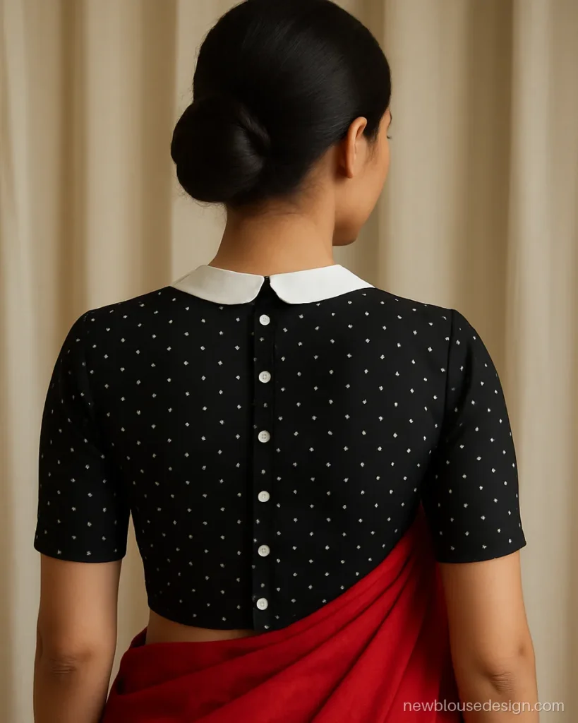 Black polka dot cotton blouse back with small Peter Pan collar and buttons