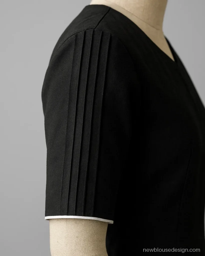 Black cotton elbow sleeve with vertical pintucks and white piping on the hem