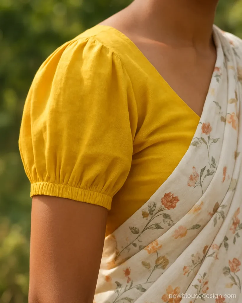 Yellow cotton blouse sleeves with soft puff and elasticated hem, side view
