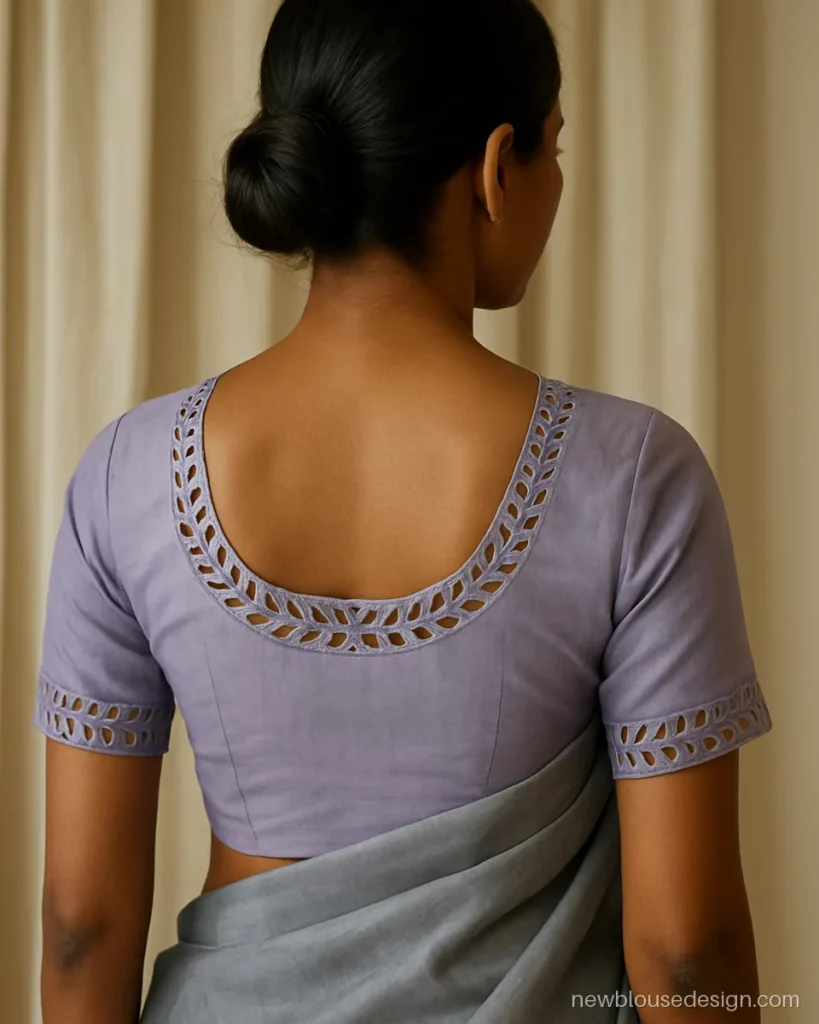 Blouse back design cut work in lavender silk with a leaf cutwork border round the neck