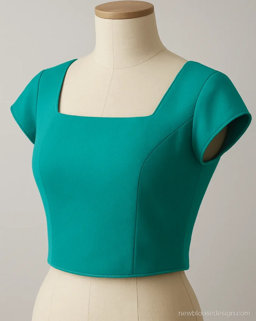Turquoise crepe blouse with a cap sleeve cut on a diagonal from shoulder to underarm