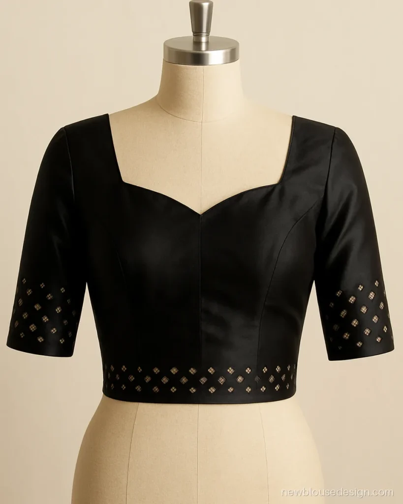 Black satin blouse with laser cut geometric pattern on the sleeves and hem