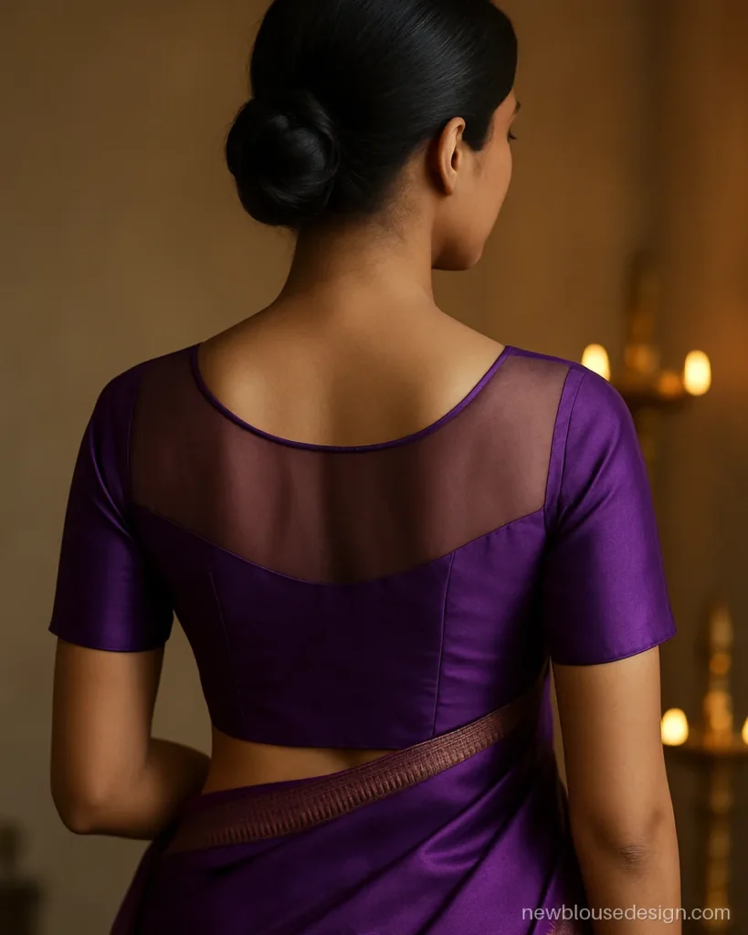 Purple silk blouse back with sheer net inserts at the shoulders and short sleeves