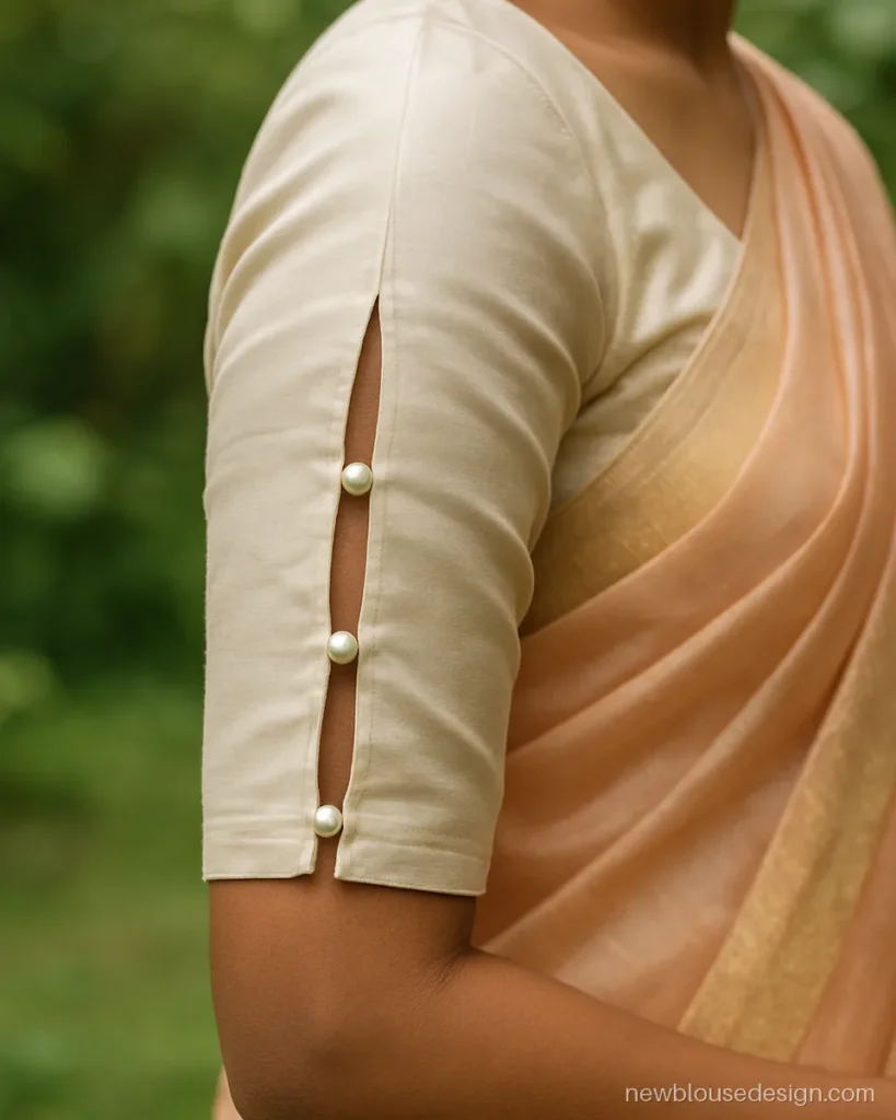 Ivory silk blouse with an open split sleeve held by three pearl buttons