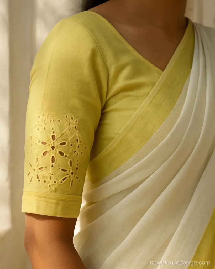 Lemon cotton blouse elbow sleeves with richelieu cutwork flowers and tiny bars